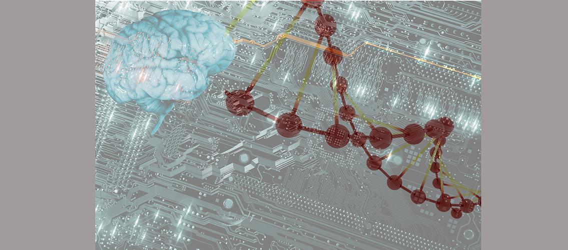 image of brain and DNA strand with circuit board background