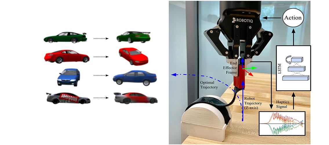 left: image of cars identified by AI; right: photo of robot peeling a strip of Velcro